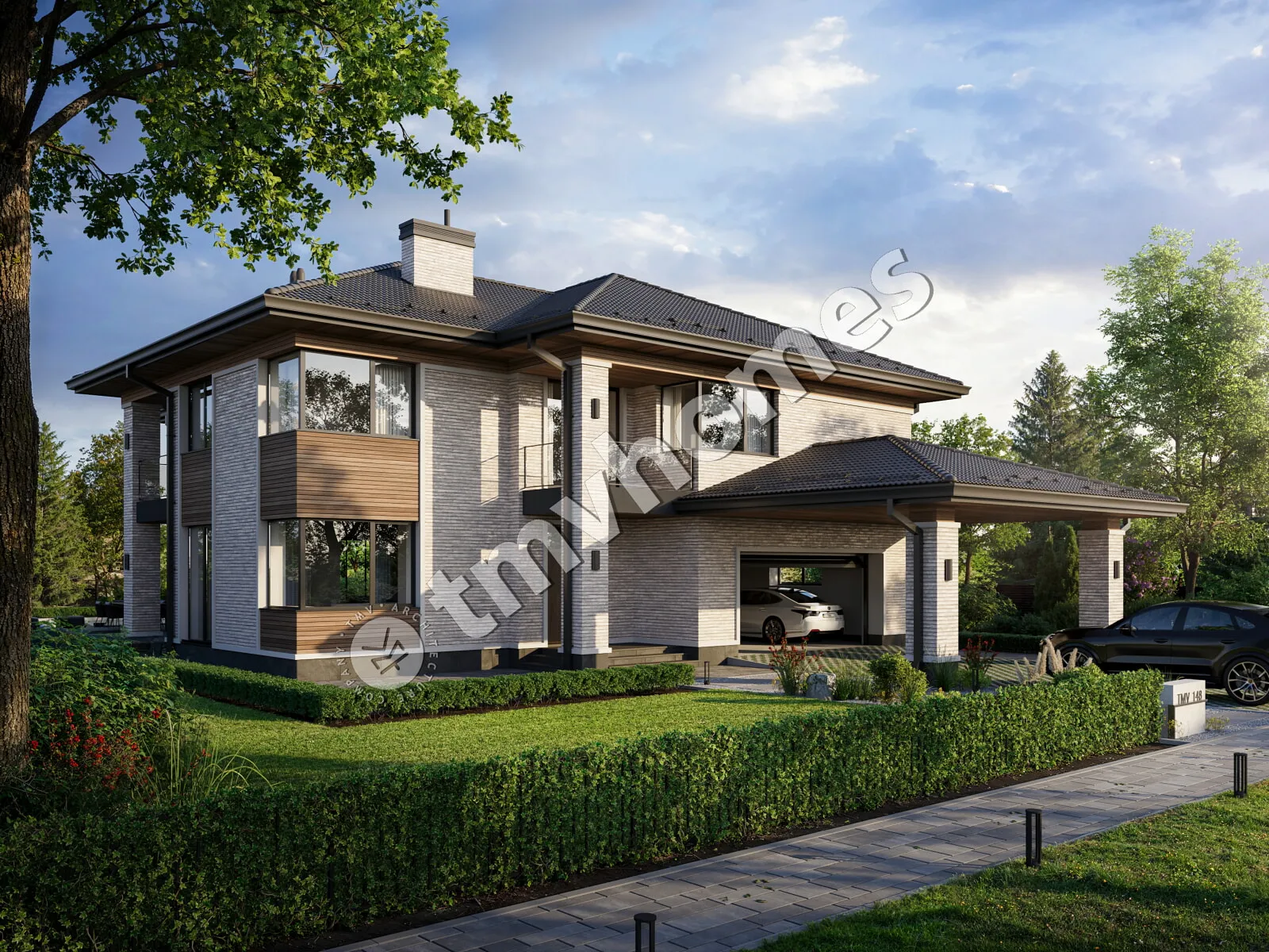 Projekt domu jednorodzinnego o pow. 353 m²: Piętrowy, 4 Sypialnie, Gabinet, 3 Łazienki, Wiata