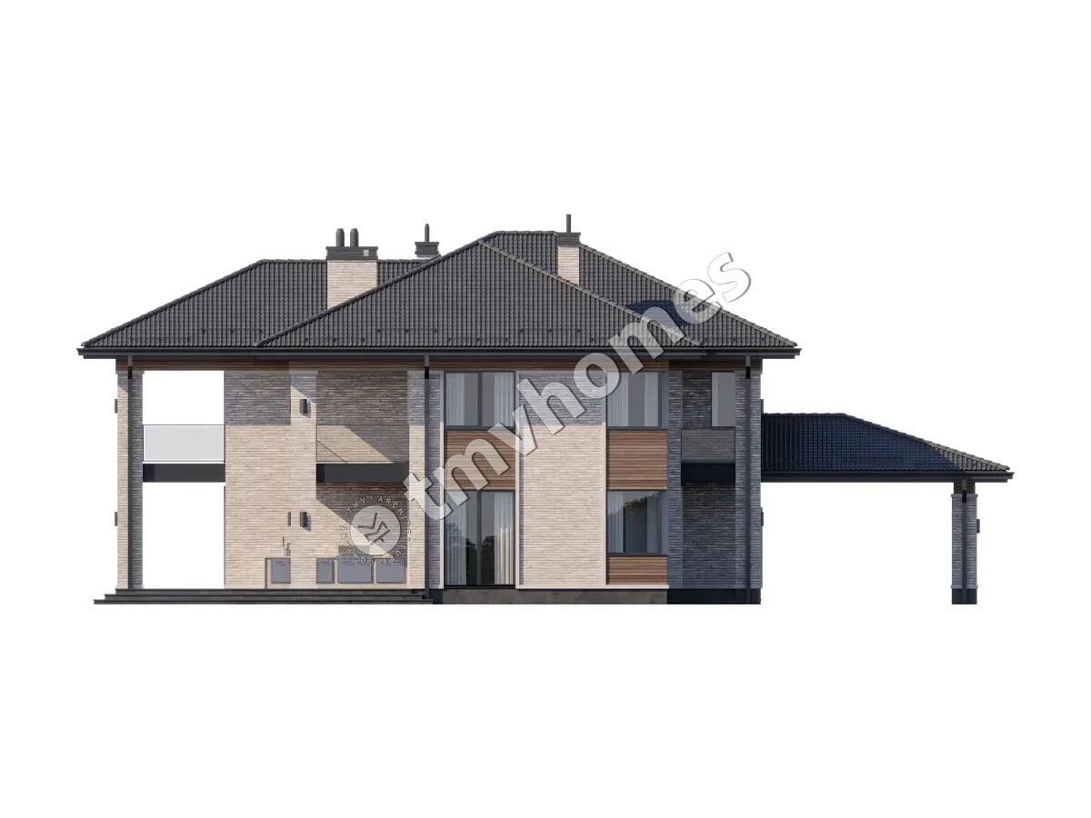 Projekt domu jednorodzinnego o pow. 353 m²: Piętrowy, 4 Sypialnie, Gabinet, 3 Łazienki, Wiata
