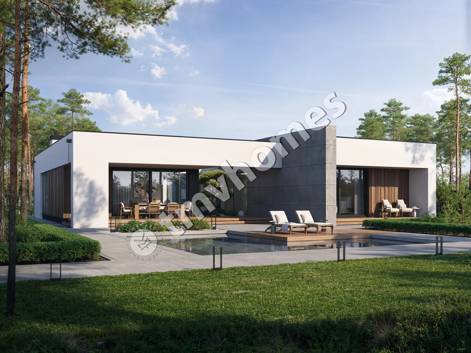 Projekt domu jednorodzinnego o pow. 244 m²: Parterowy + Piwnica, 3 Sypialnie, 3 Łazienki, Otwarta kuchnia, Wiata