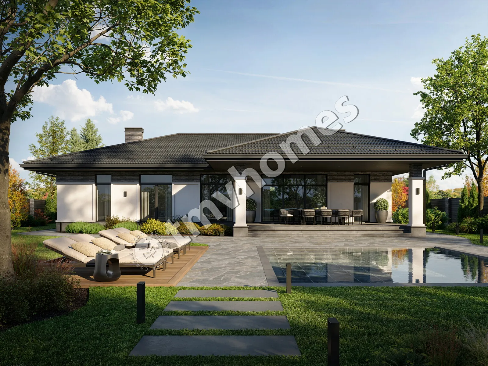 Projekt domu jednorodzinnego o pow. 171 m²: Parterowy, 3 Sypialnie, 3 Łazienki, Otwarta kuchnia, Garaż