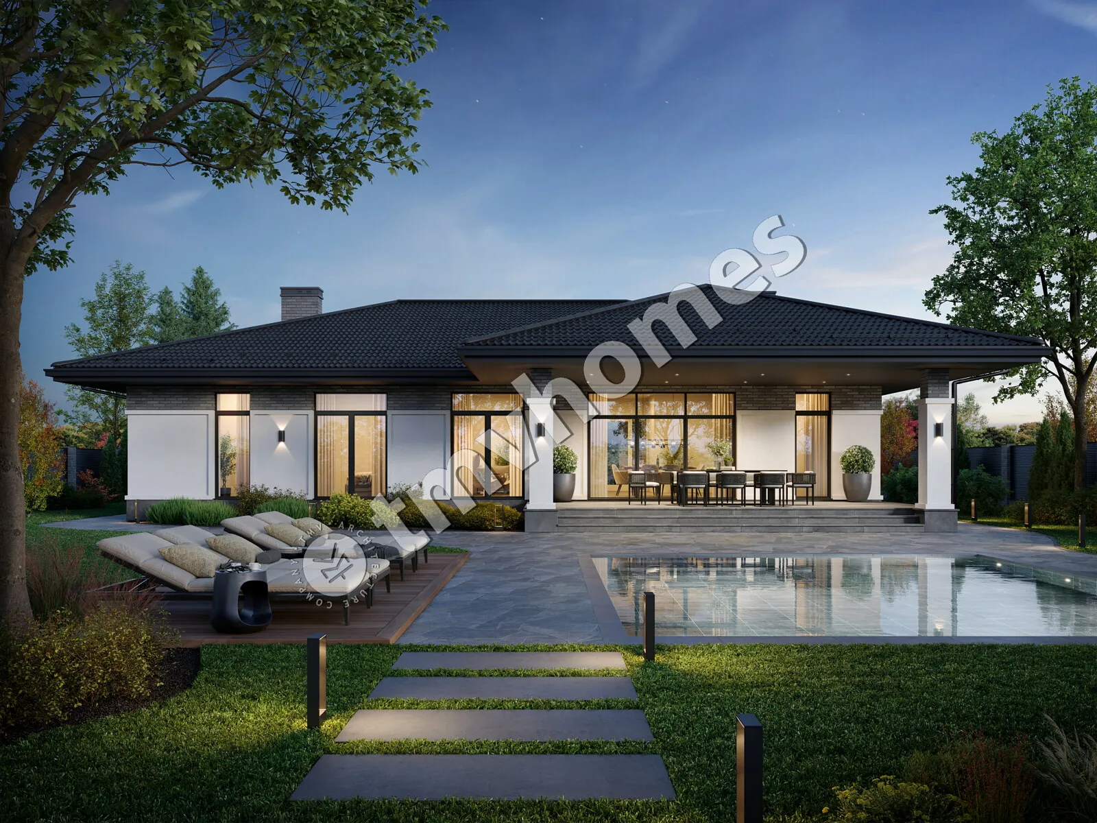 Projekt domu jednorodzinnego o pow. 171 m²: Parterowy, 3 Sypialnie, 3 Łazienki, Otwarta kuchnia, Garaż