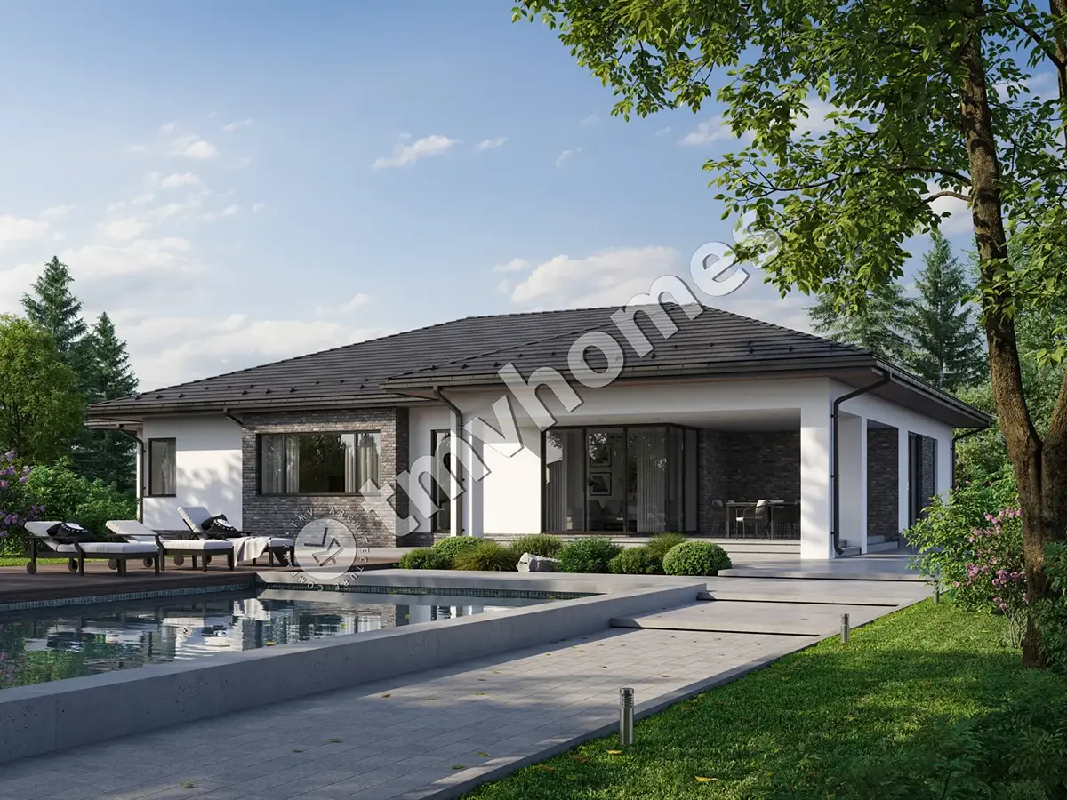 Projekt domu jednorodzinnego o pow. 273 m²: Parterowy + Piwnica, 4 Sypialnie, 3 Łazienki, Otwarta kuchnia, Garaż
