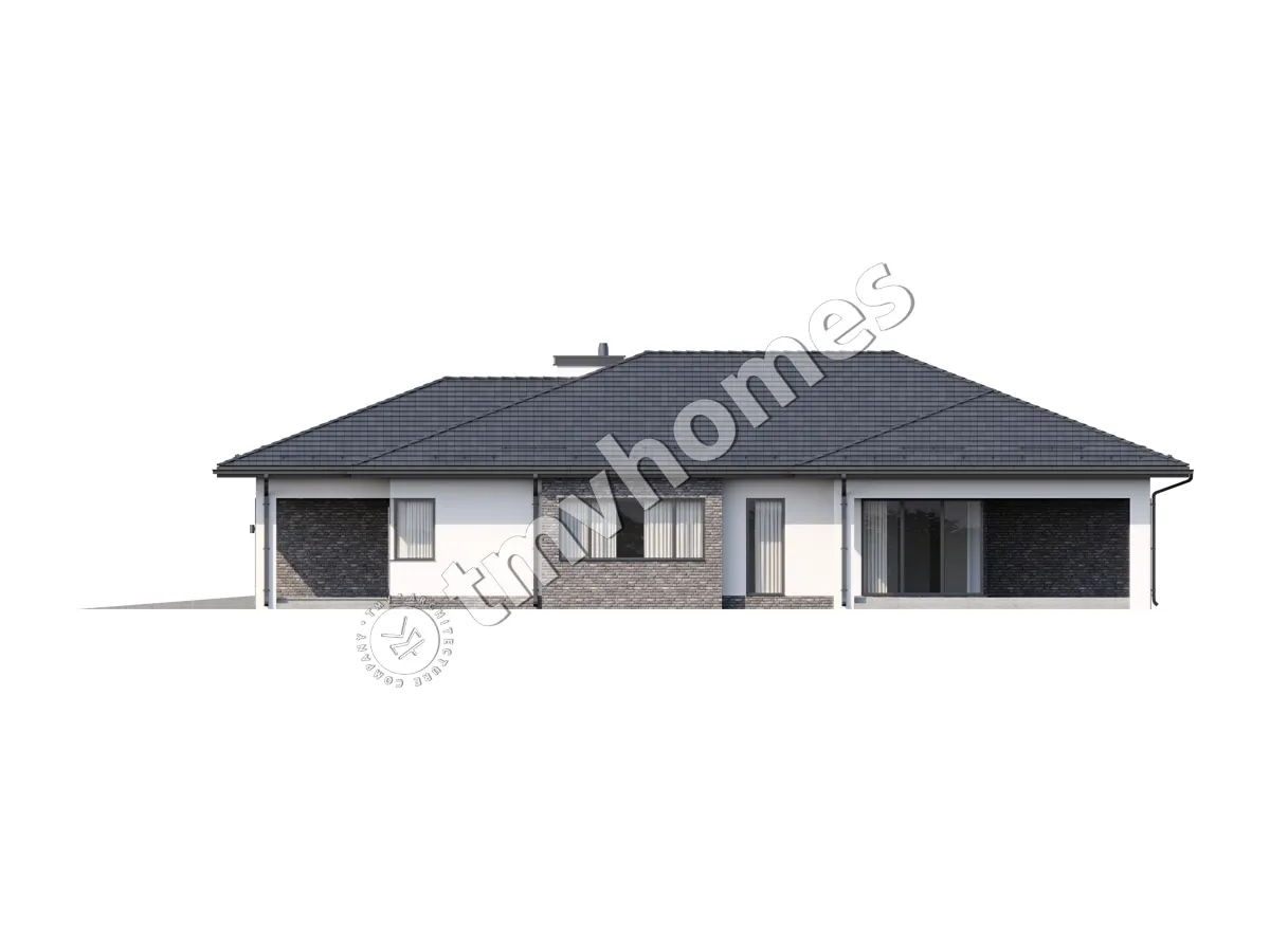 Projekt domu jednorodzinnego o pow. 273 m²: Parterowy + Piwnica, 4 Sypialnie, 3 Łazienki, Otwarta kuchnia, Garaż