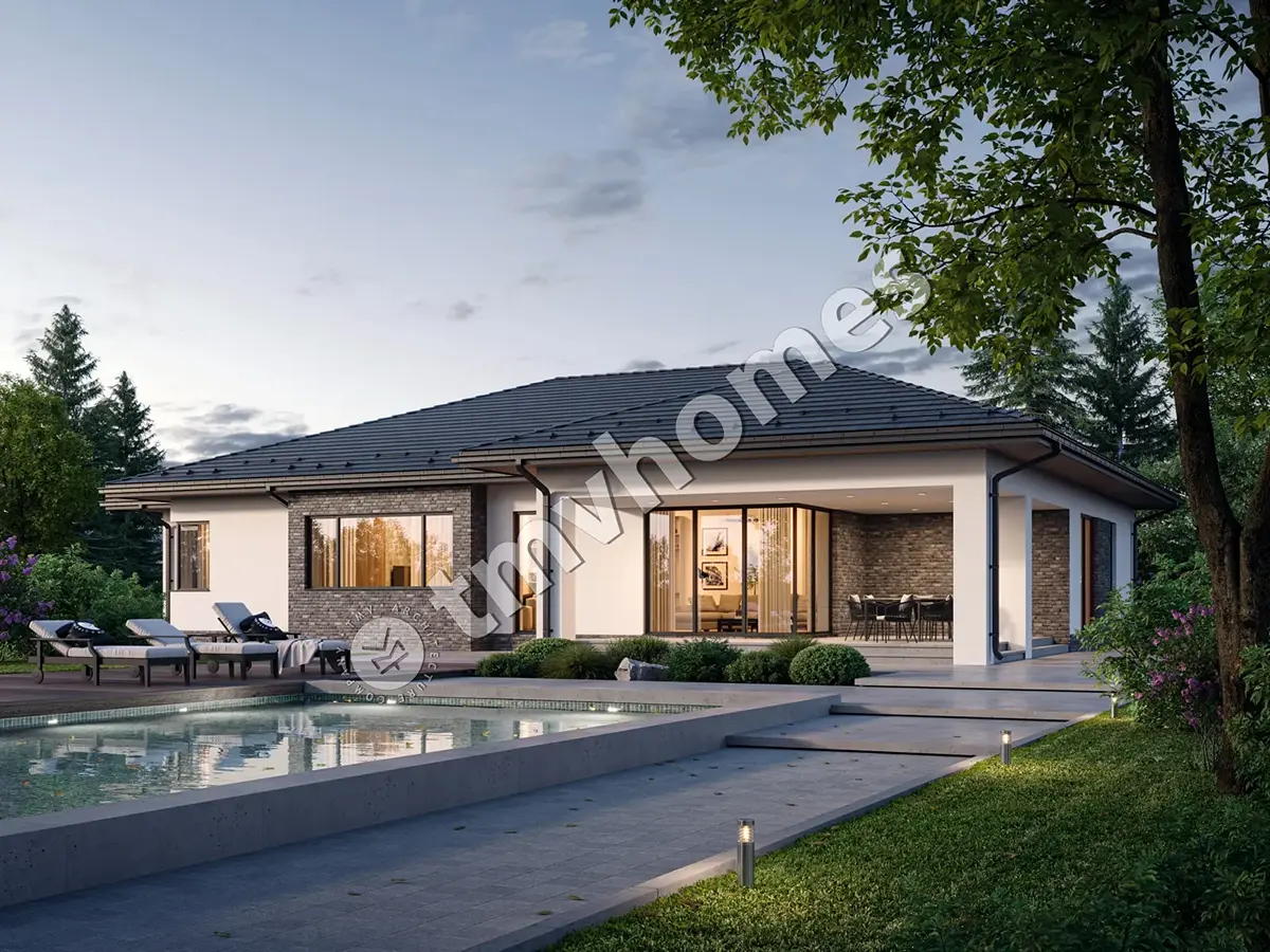 Projekt domu jednorodzinnego o pow. 273 m²: Parterowy + Piwnica, 4 Sypialnie, 3 Łazienki, Otwarta kuchnia, Garaż