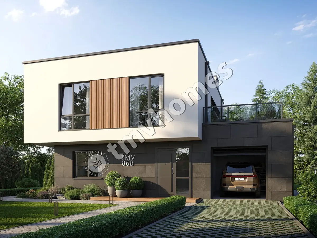 Projekt domu piętrowego o pow. 206 m²: 3 Sypialnie, 3 Łazienki, Otwarta kuchnia, Garaż