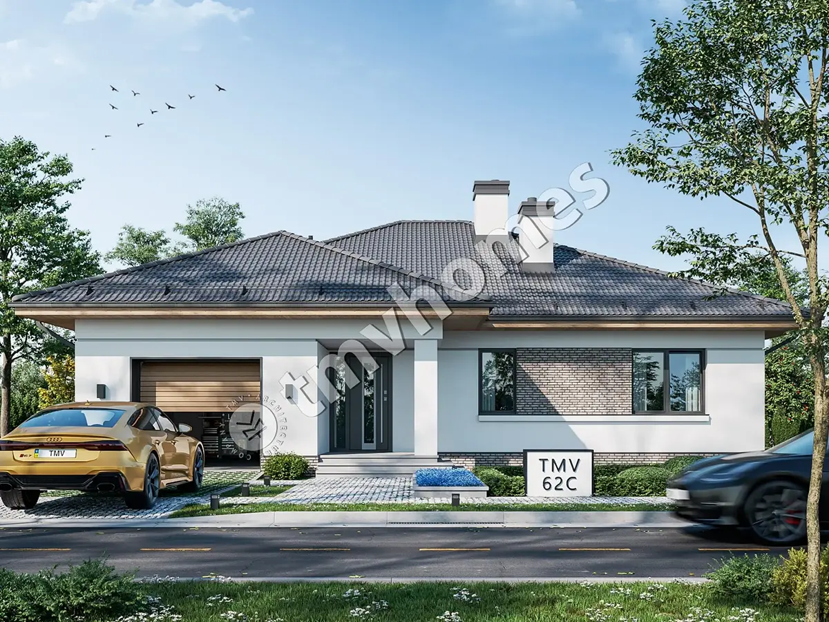 Projekt domu jednorodzinnego o pow. 162 m²: Parterowy, 3 Sypialnie, 2 Łazienki, Otwarta kuchnia, Garaż