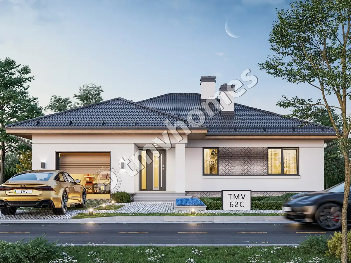 Projekt domu jednorodzinnego o pow. 162 m²: Parterowy, 3 Sypialnie, 2 Łazienki, Otwarta kuchnia, Garaż
