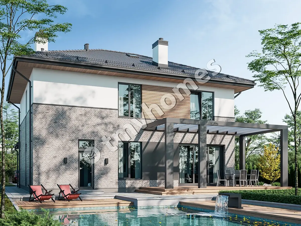 Projekt domu jednorodzinnego o pow. 229 m²: Piętrowy, 3 Sypialnie, Gabinet, 3 Łazienki, Otwarta kuchnia, Garaż