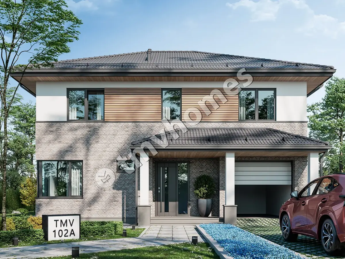 Projekt domu jednorodzinnego o pow. 229 m²: Piętrowy, 3 Sypialnie, Gabinet, 3 Łazienki, Otwarta kuchnia, Garaż