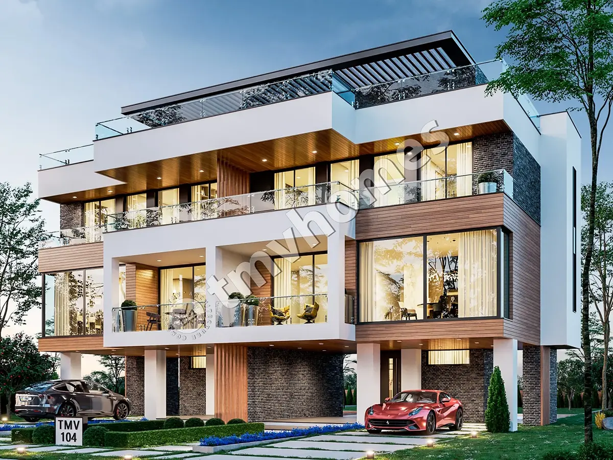 Projekt bliźniaka trzykondygnacyjnego o pow. 126 m² m2 z dużymi oknami i tarasem na dachu