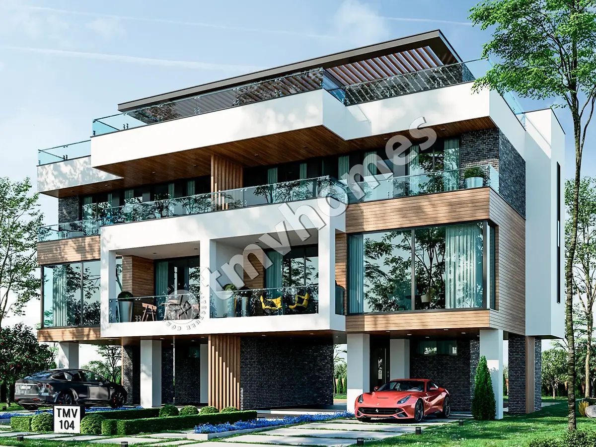 Projekt bliźniaka trzykondygnacyjnego o pow. 126 m² m2 z dużymi oknami i tarasem na dachu
