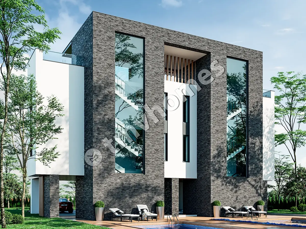 Projekt bliźniaka trzykondygnacyjnego o pow. 126 m² m2 z dużymi oknami i tarasem na dachu