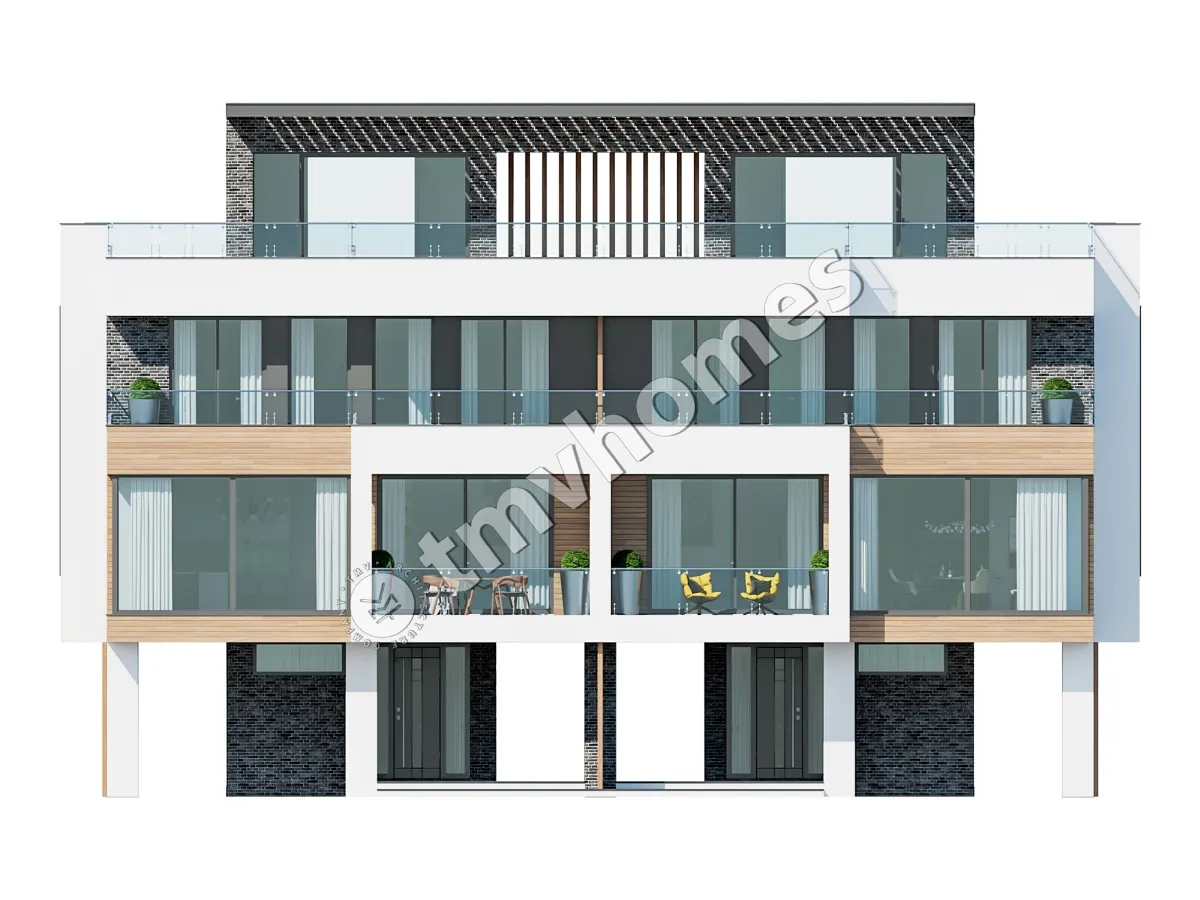 Projekt bliźniaka trzykondygnacyjnego o pow. 126 m² m2 z dużymi oknami i tarasem na dachu