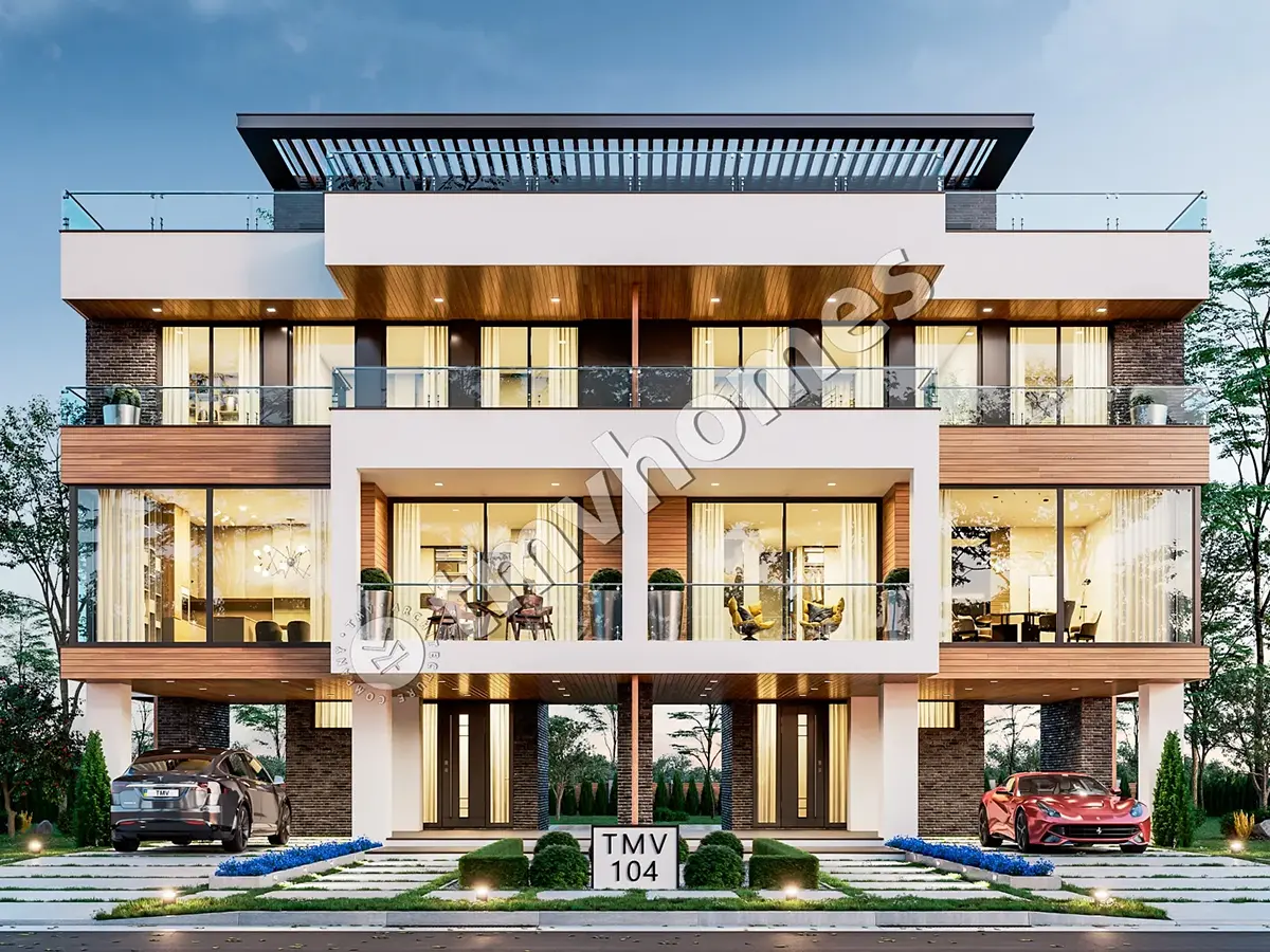 Projekt bliźniaka trzykondygnacyjnego o pow. 126 m² m2 z dużymi oknami i tarasem na dachu