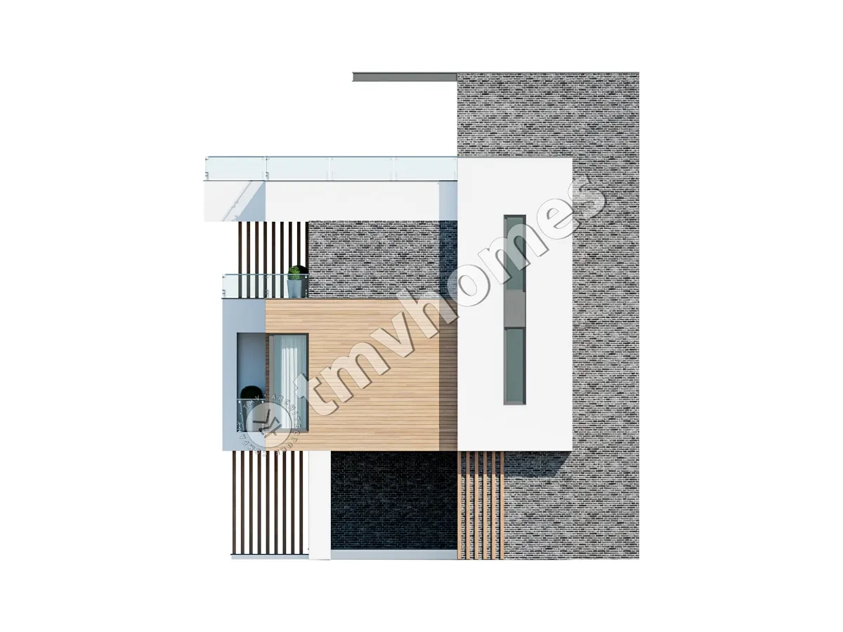 Projekt bliźniaka trzykondygnacyjnego o pow. 126 m² m2 z dużymi oknami i tarasem na dachu