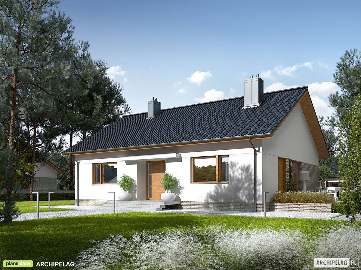 Projekt domu z dachem dwuspadowym i dużymi oknami w salonie