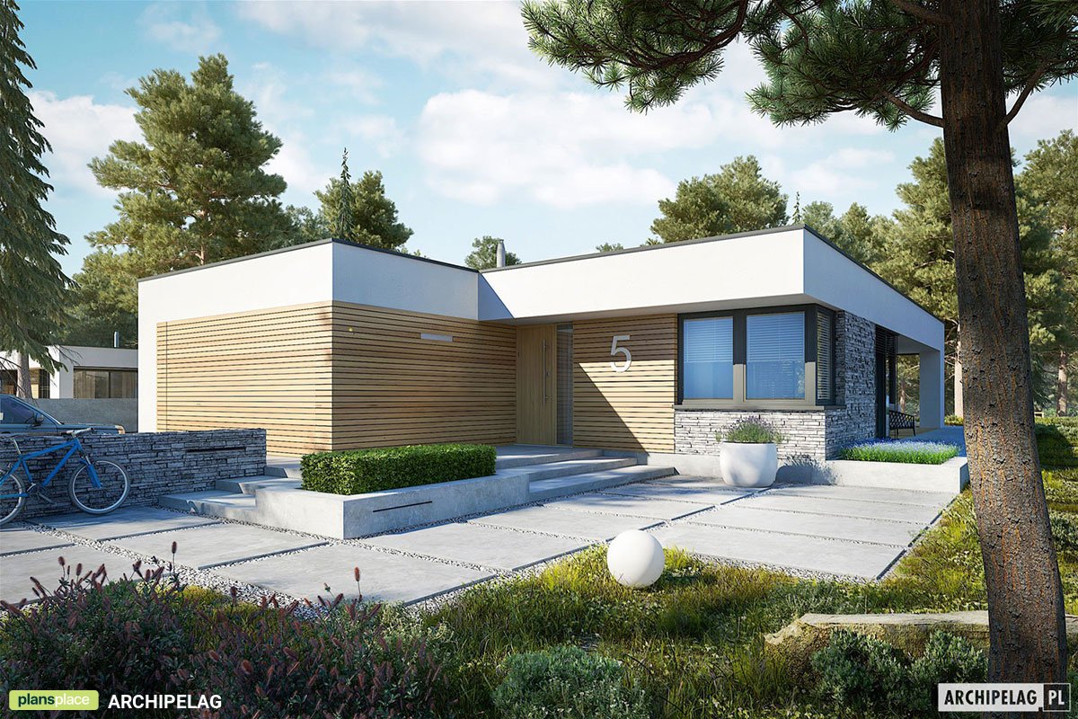 Projek domu parterowego z płaskim dachem, 3 pokojami i garażem