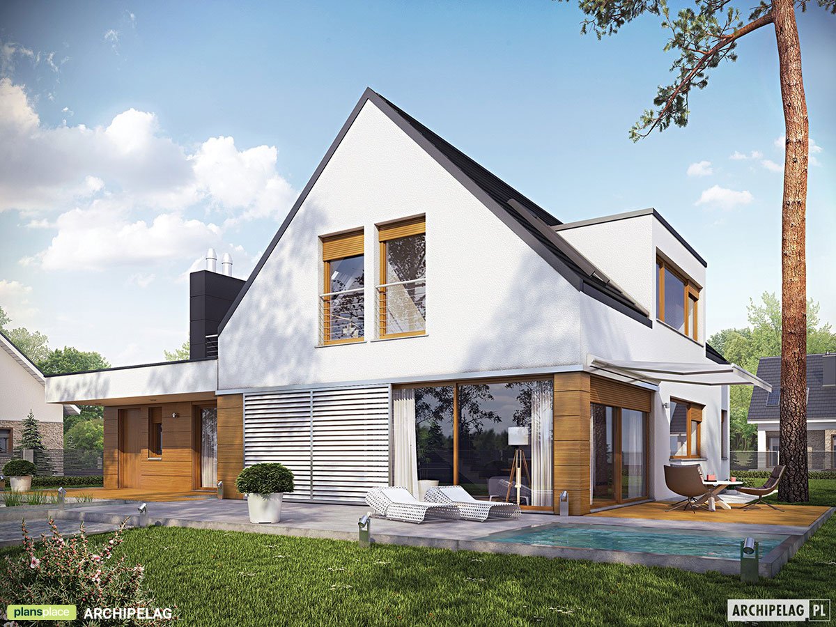 Projekt domu z tarasem nad garażem i dużym salonem