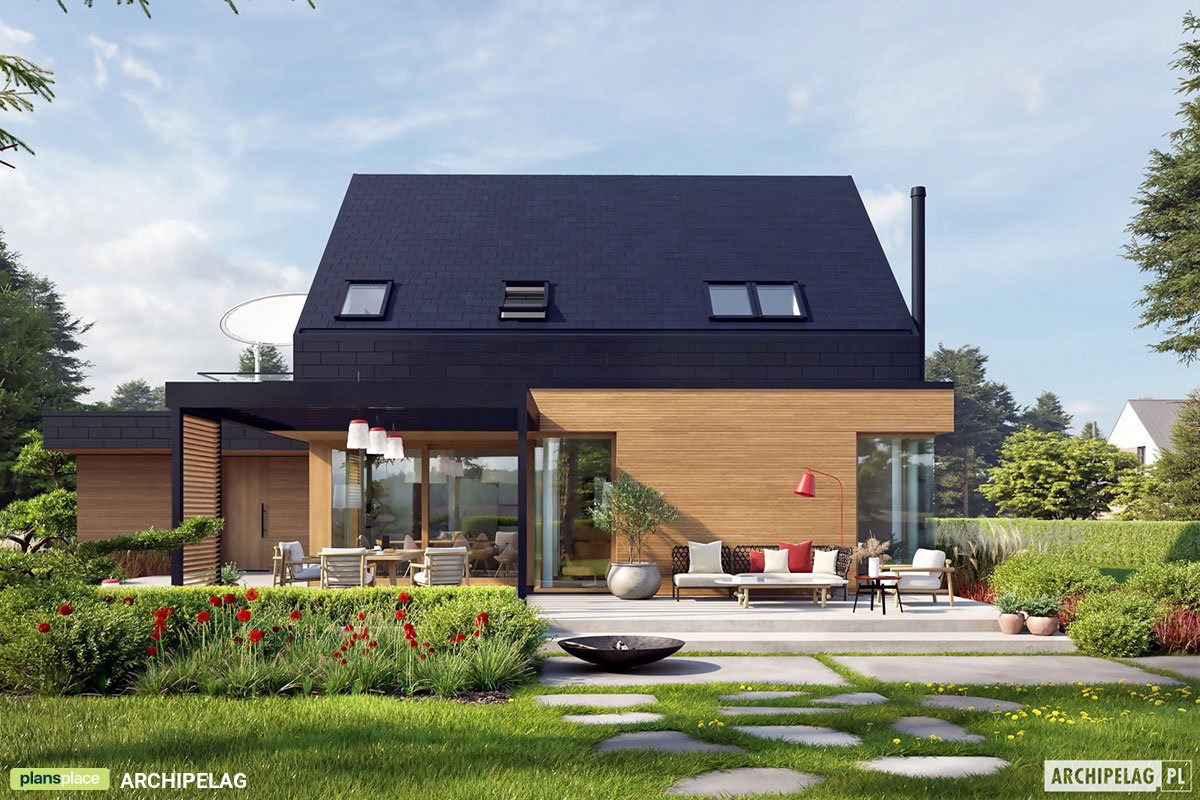 Projekt domu z oknami narożnymi i garażem dwustanowiskowym