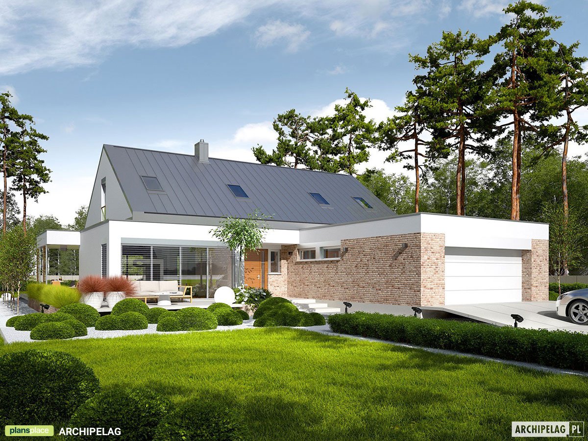 Projekt dużego domu w kształcie litery L z basenem i garażem