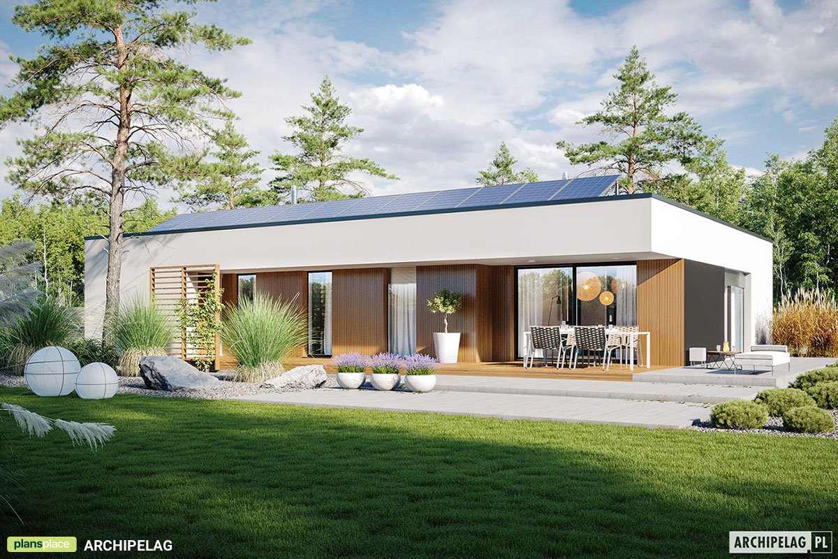 Projekt domu parterowego z płaskim dachemą i garażem