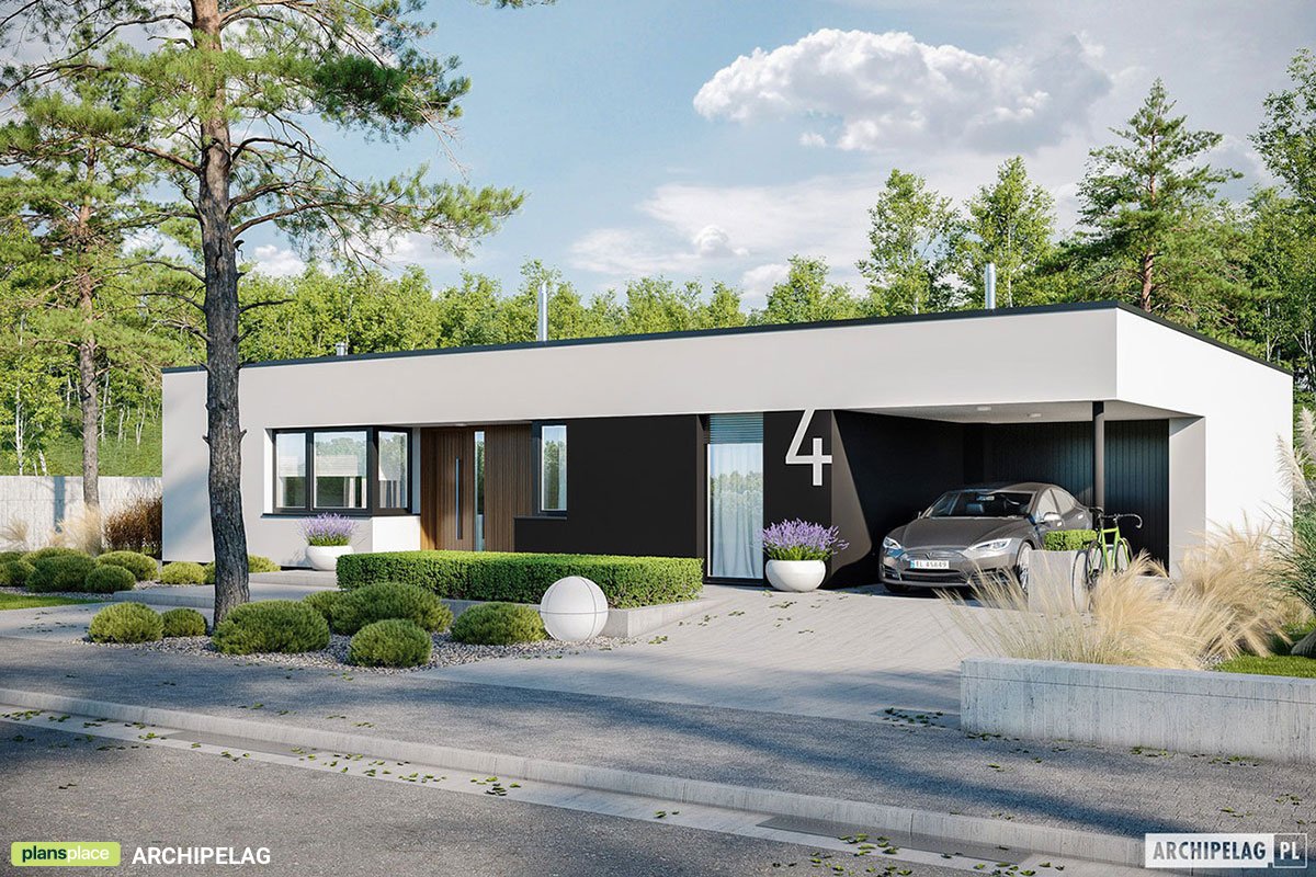 Projekt domu parterowego z płaskim dachemą i garażem