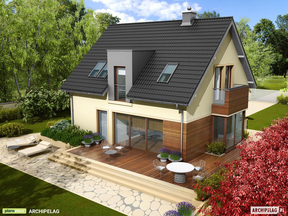 Projekt domu z balkonem nad wykuszem i dużymi oknami