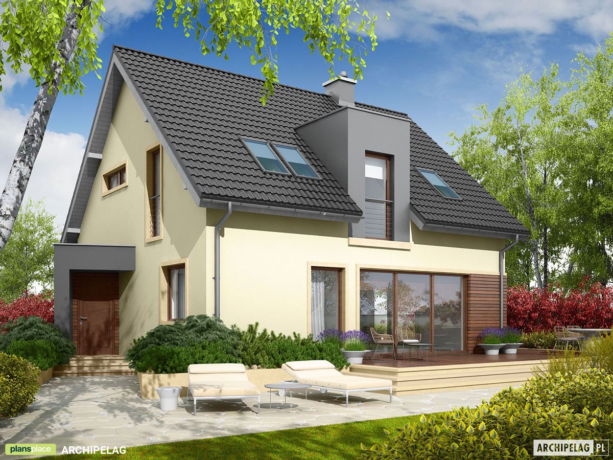 Projekt domu z balkonem nad wykuszem i dużymi oknami
