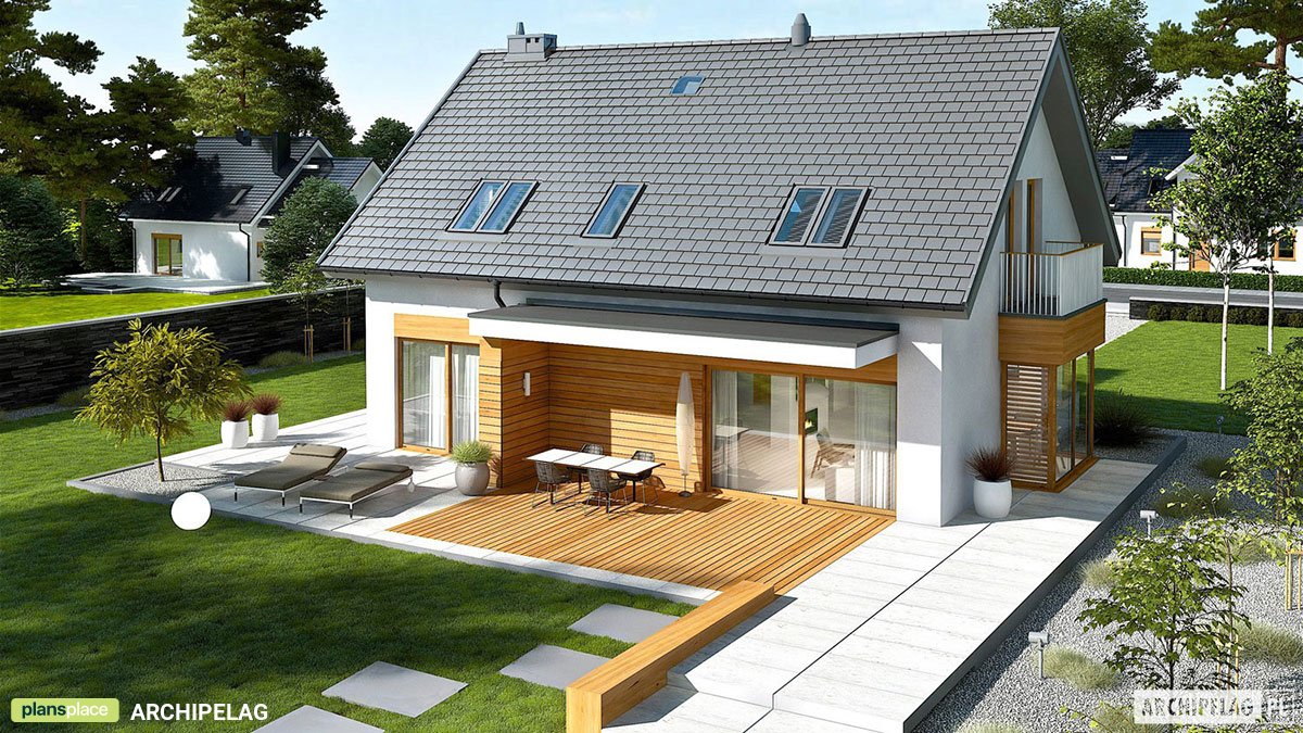 Projekt domu z balkonem nad wykuszem, garażem i dużym tarasem