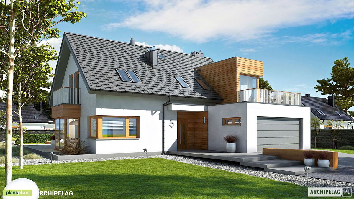 Projekt domu z balkonem nad wykuszem, garażem i dużym tarasem