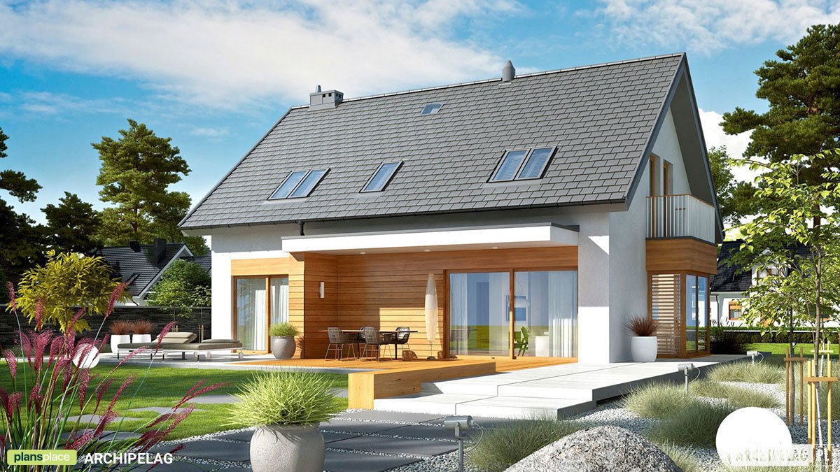 Projekt domu z balkonem nad wykuszem, garażem i dużym tarasem