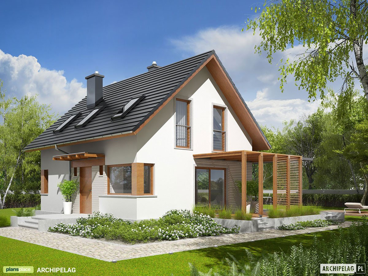 Projekt małego domu z poddaszem i dachem dwuspadowym