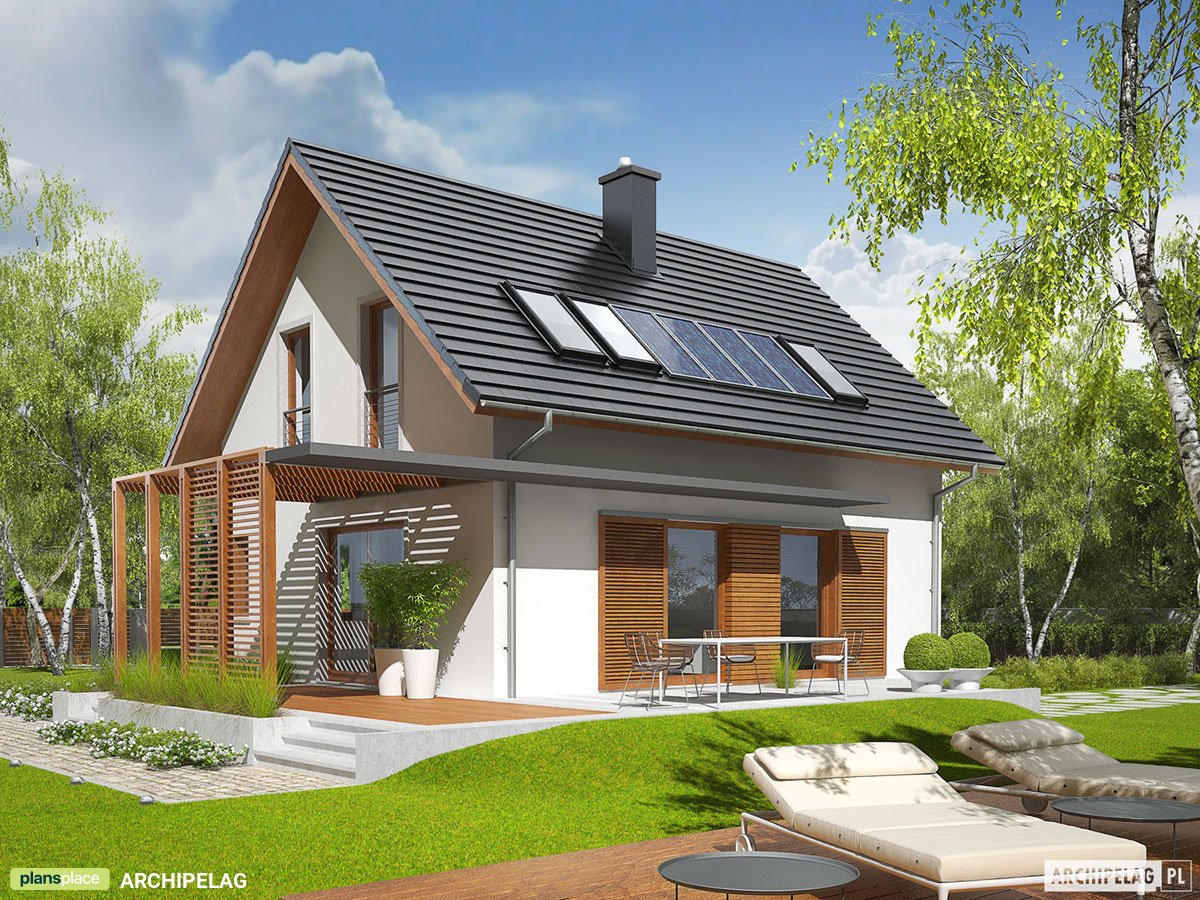 Projekt małego domu z poddaszem i dachem dwuspadowym