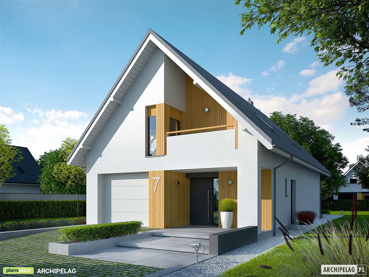 Projek domu z garażem w bryle i dachem dwuspadowym