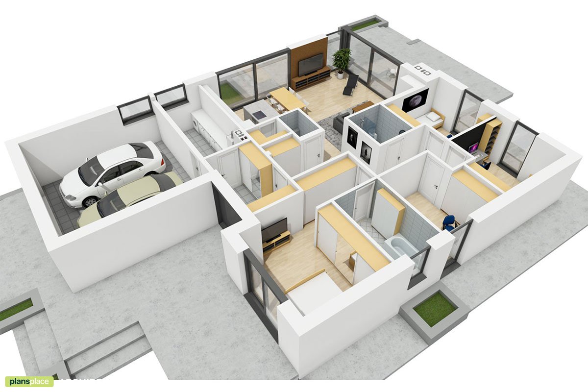 Projekt domu parterowego z 4 pokojami i garażem dwustanowiskowym