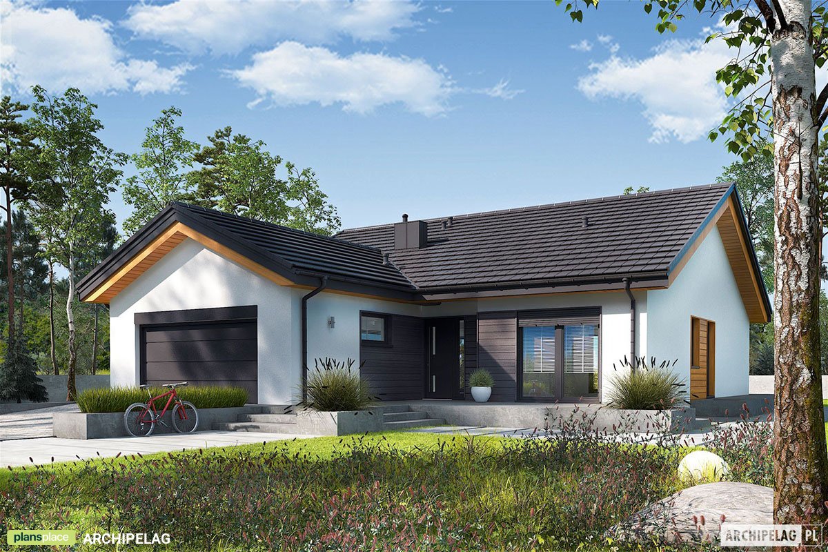 Projekt domu parterowego z 4 pokojami i garażem dwustanowiskowym