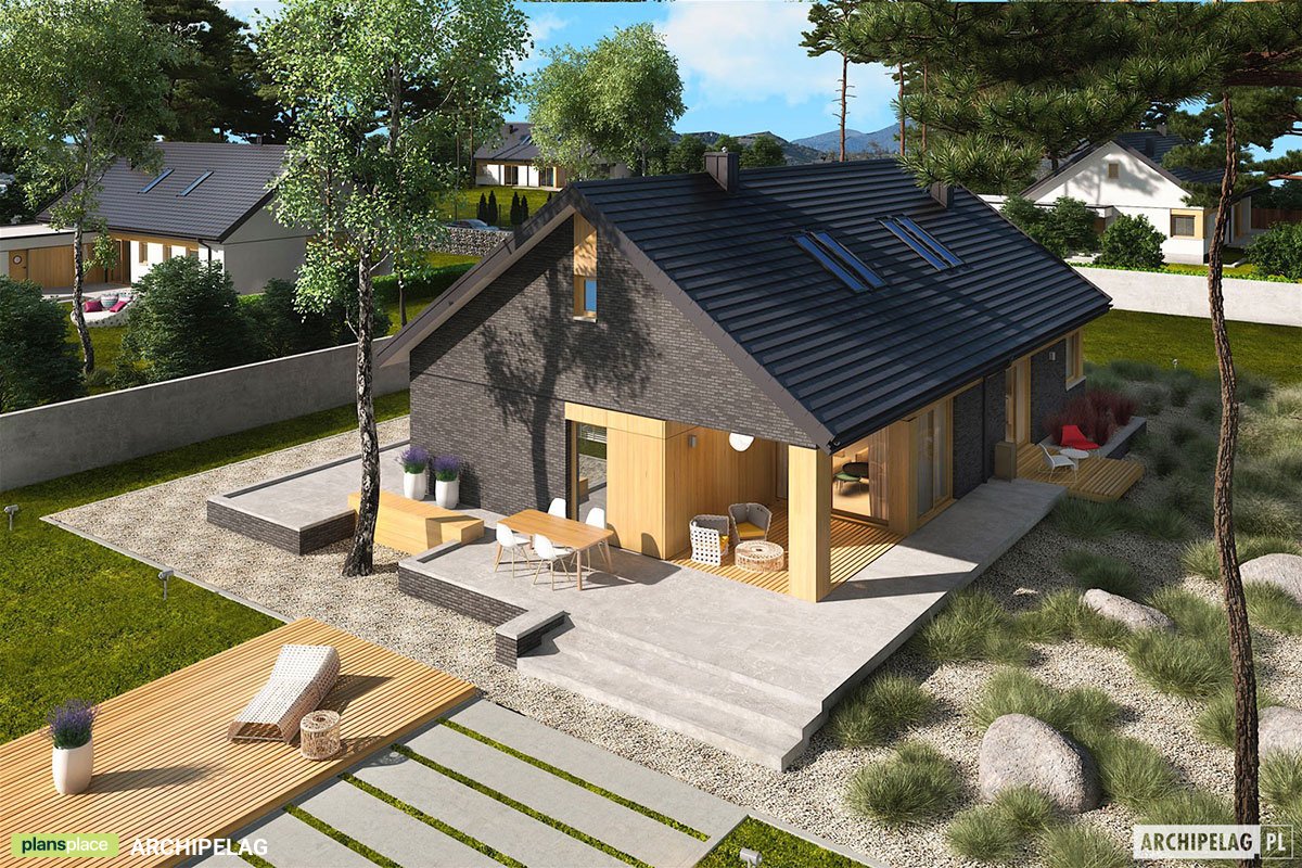 Projekt domu w kształcie litery L z antresolą i garażem