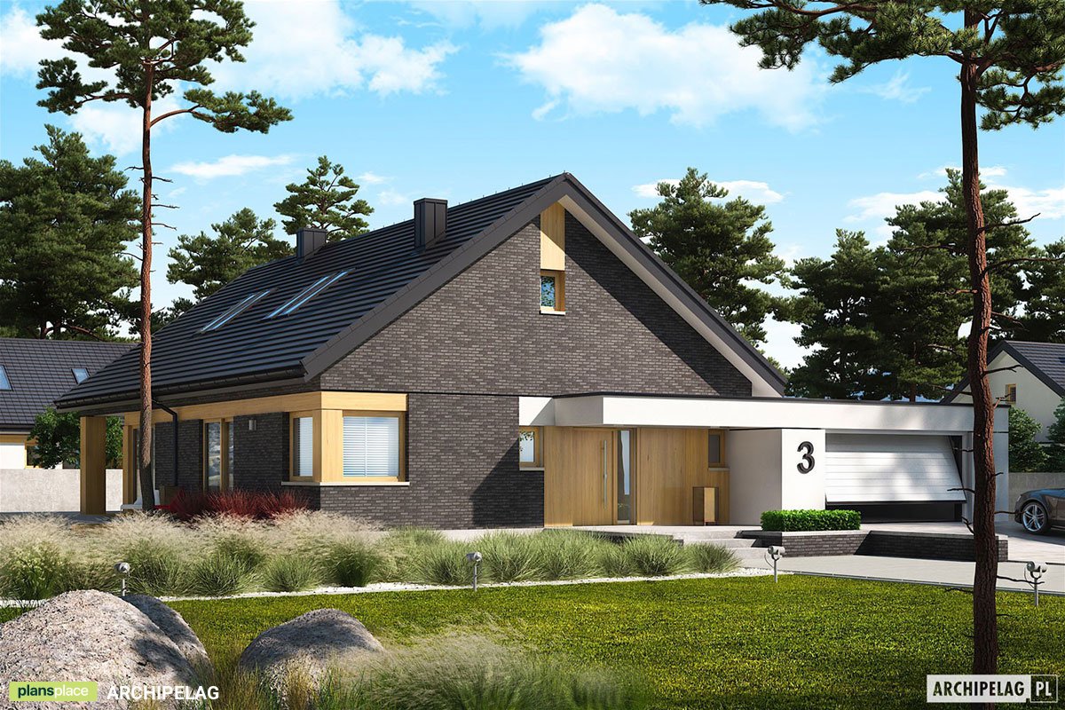 Projekt domu w kształcie litery L z antresolą i garażem