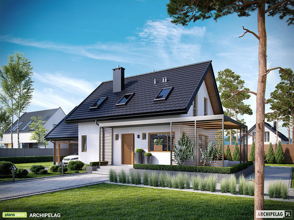 Projekt małego domu z wiatą garażową i dachem dwuspadowym