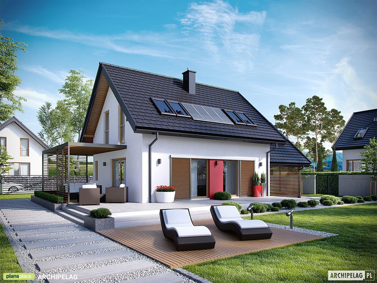 Projekt małego domu z wiatą garażową i dachem dwuspadowym