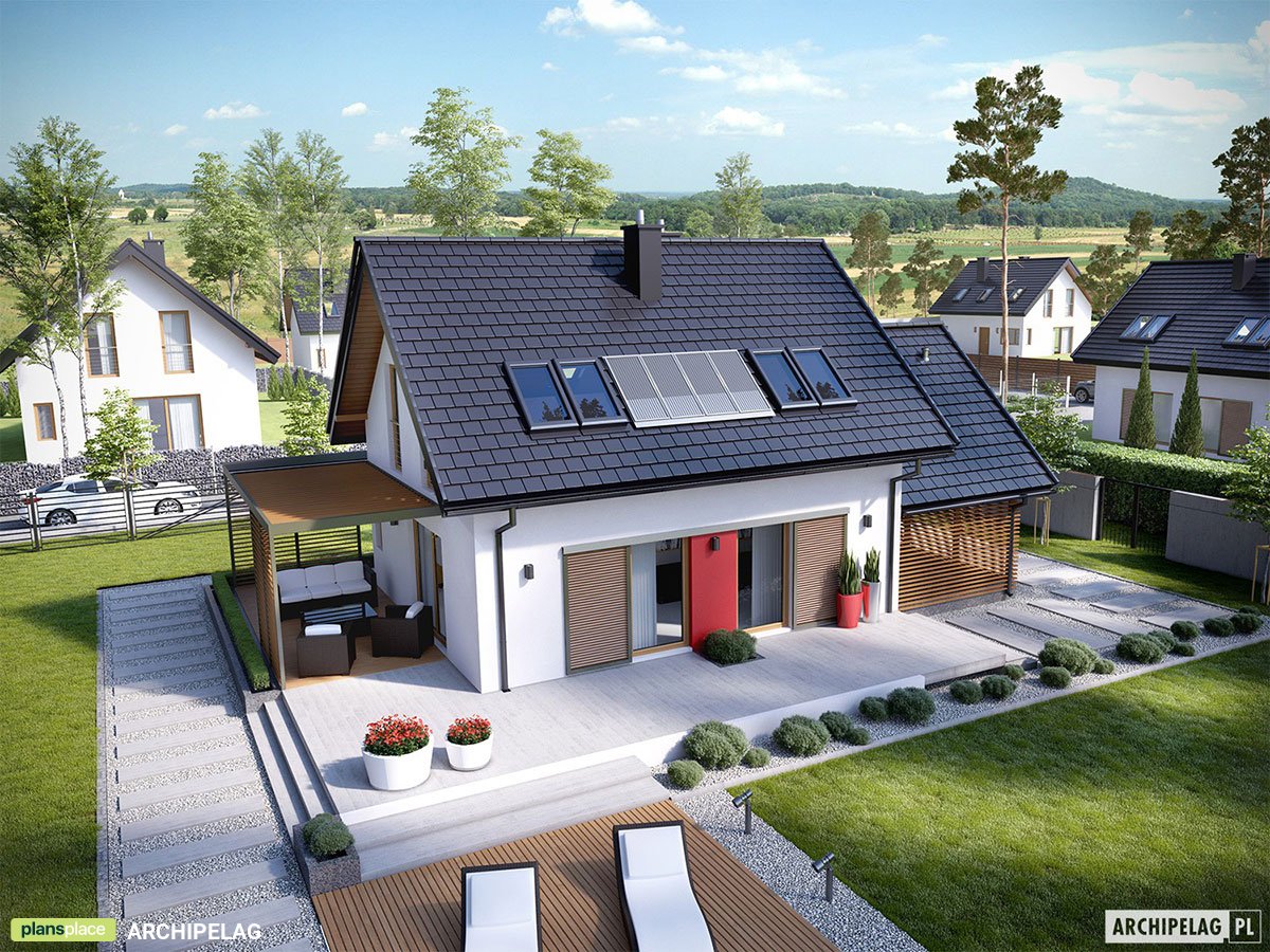 Projekt małego domu z wiatą garażową i dachem dwuspadowym