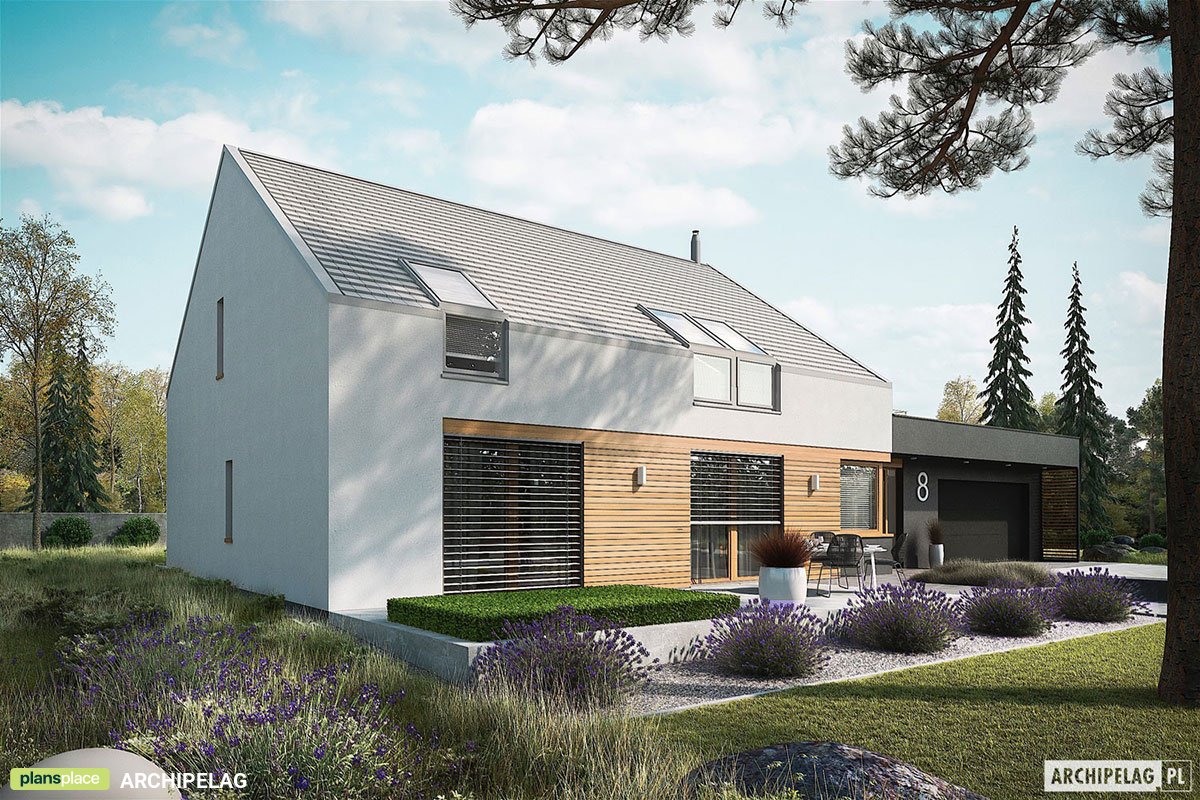 Projekt domu z tarasem nad garażem i pustką nad salonem