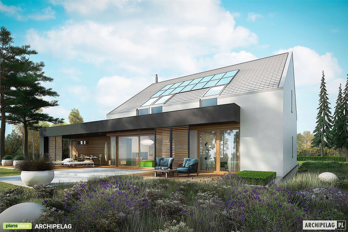 Projekt domu z tarasem nad garażem i pustką nad salonem