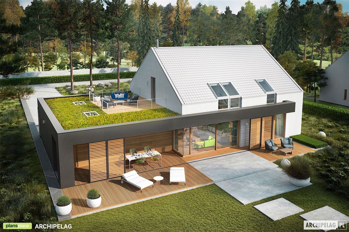 Projekt domu z tarasem nad garażem i pustką nad salonem