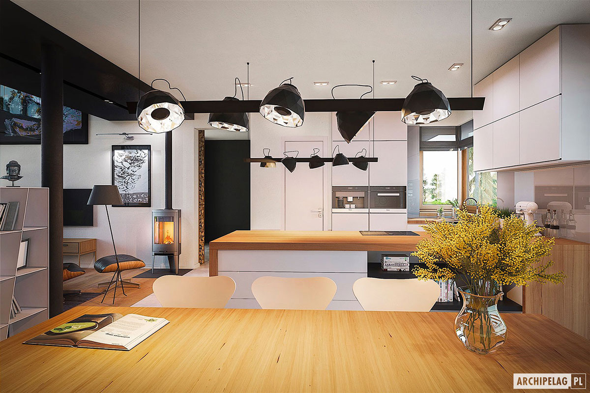 Projekt domu z tarasem nad garażem i pustką nad salonem