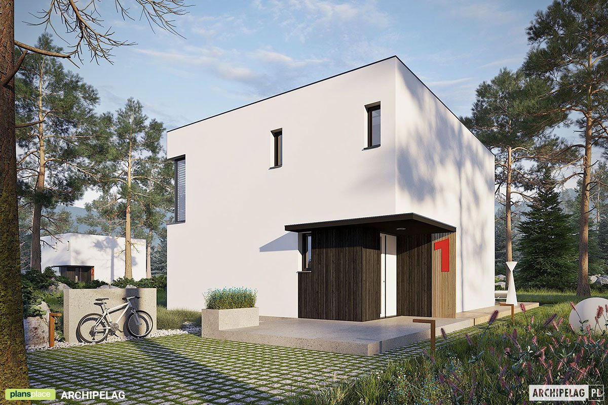 Nowoczesny projekt domu kostka z dużymi oknami w salonie