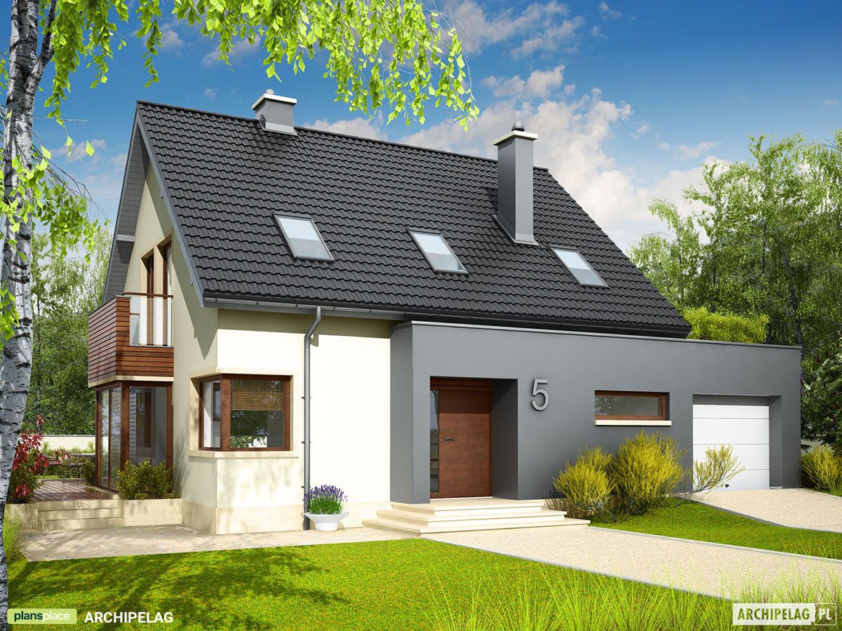 Projekt domu z wykuszem w jadalni, kominkiem i balkonem