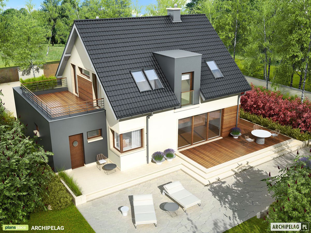 Projekt domu z wykuszem w jadalni, kominkiem i balkonem