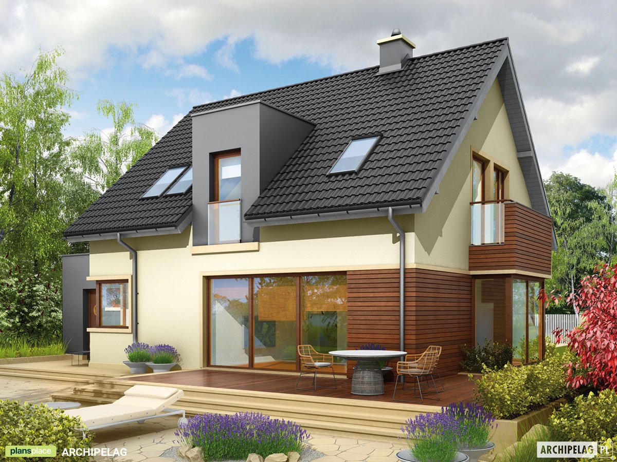 Projekt domu z wykuszem w jadalni, kominkiem i balkonem