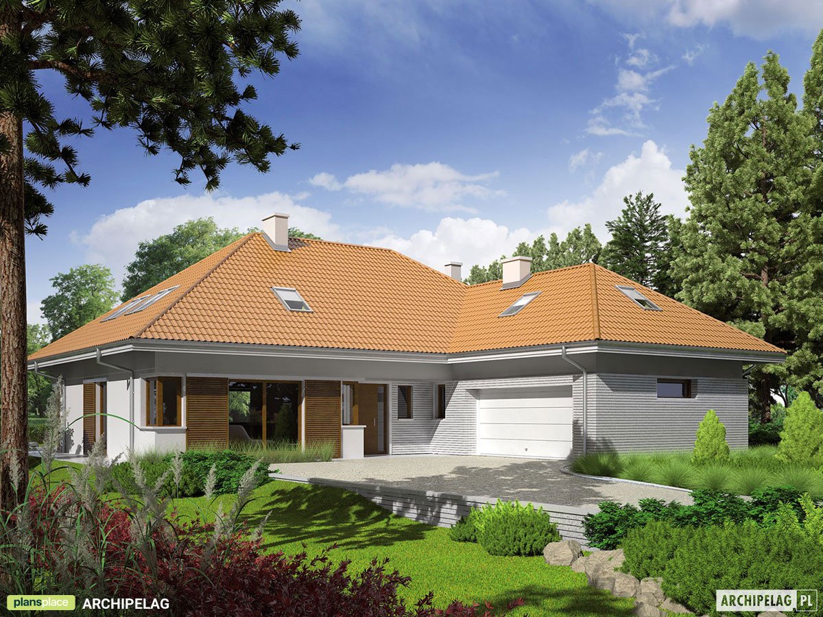Projekt domu w kształcie litery L z garażem 2-stanowiskowym